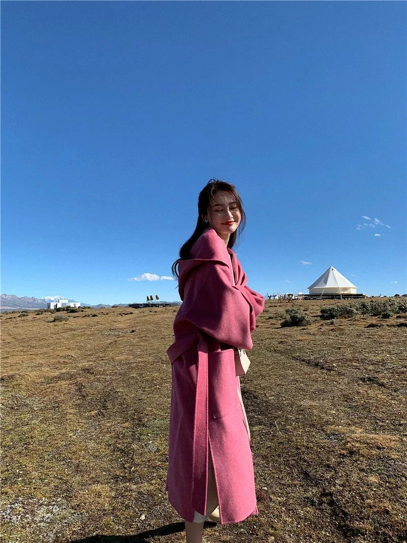 2024 Mid-Length Autumn and Winter Hooded Double Sided Cotton Cashmere Coat Female 100% Wool Loose Thick Woolen Coat
