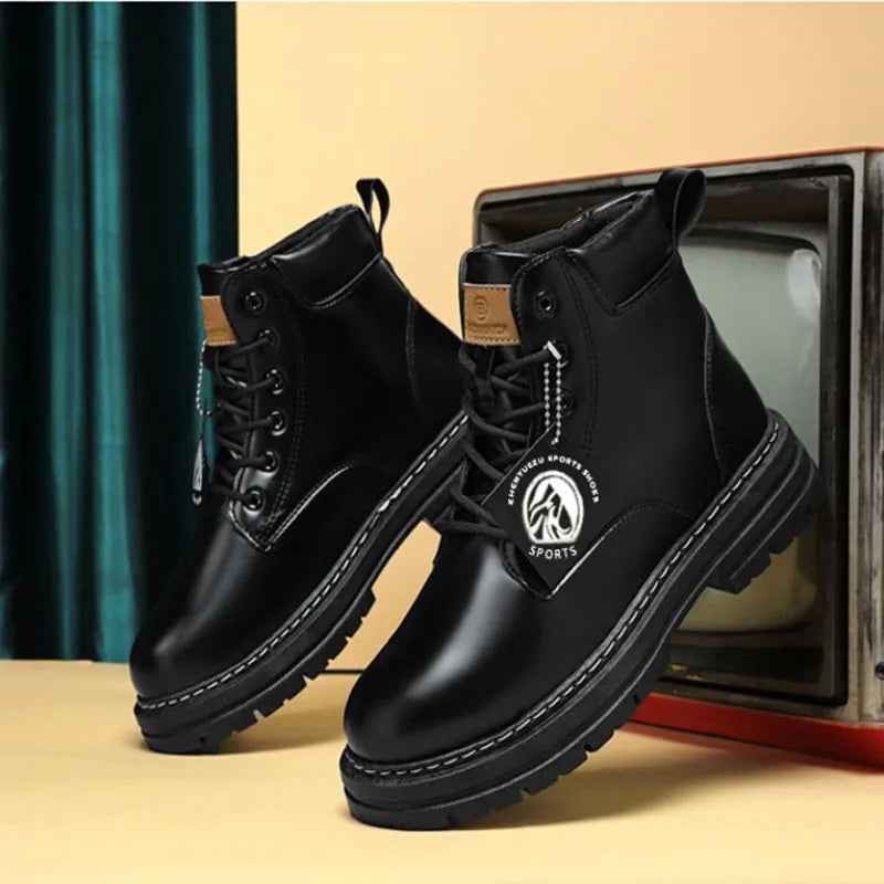 2025*High Top Boots Men's Leather Shoes Fashion Motorcycle Ankle Boots for Men Winter Boots Man Shoes Lace-Up Botas Hombre