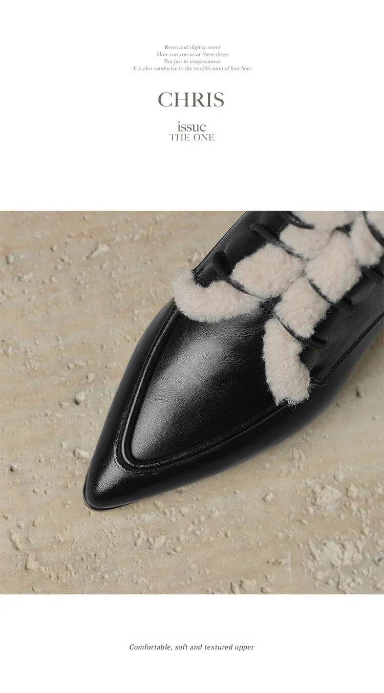 NEW Winter Women Shoes Split Leather Shoes for Women Pointed Toe Kitten Heel Shoes Elegant Modern Boots Wool Blend Ankle Boots