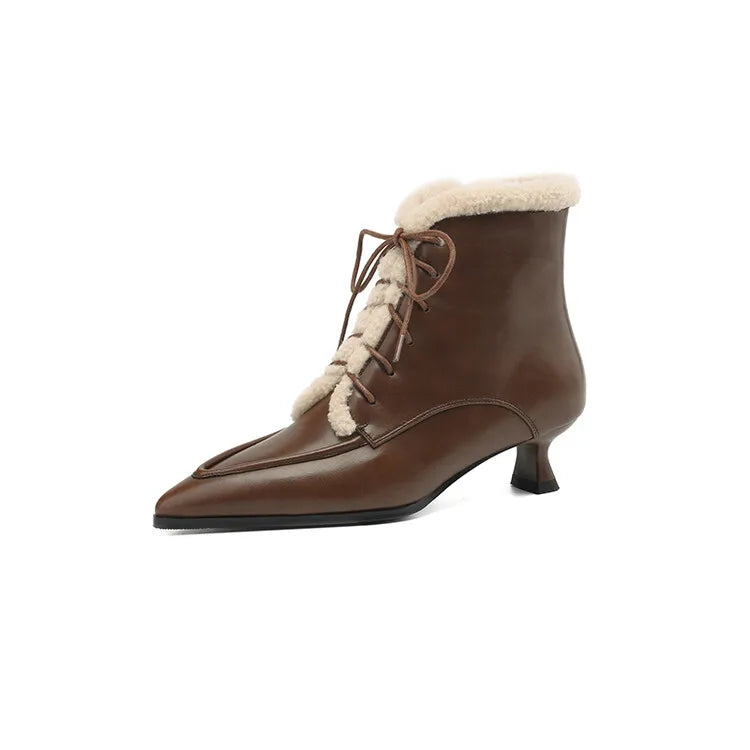 NEW Winter Women Shoes Split Leather Shoes for Women Pointed Toe Kitten Heel Shoes Elegant Modern Boots Wool Blend Ankle Boots