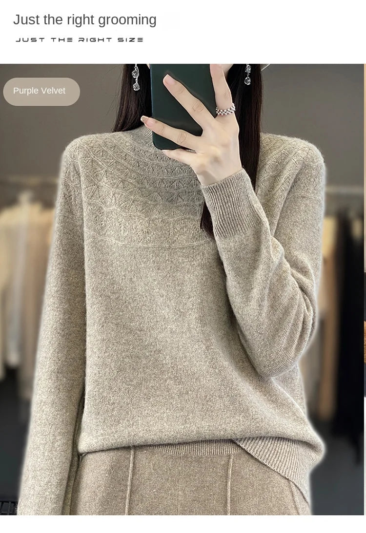2024 New Line Of Garment Hollowed Out Half Height Women's High-grade Woolen Sweater 100% Pure Wool Multi-color Option WQ