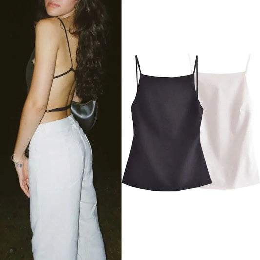 MUJER 2025 Black Backless Top Female White Sleeveless Crop Top With Straps Summer Sexy Tops Woman Party Women's Evening Top