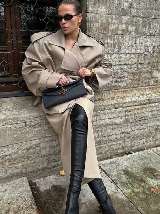 Solid Lapel Lace Up Trench Coat For Women Fashion Long Sleeves Wide Shoulder Short Loose Coat 2025 New Autumn Commute Outwear