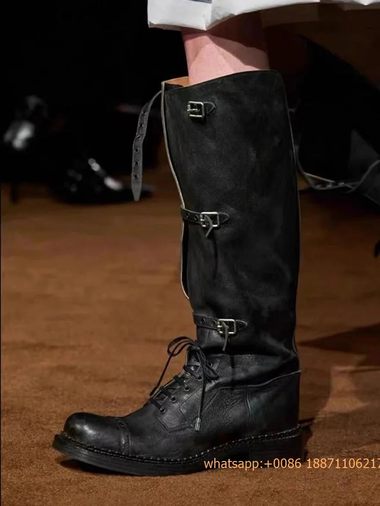 Genuine Leather Ladies Knight Boots 2025 Autumn Belt Buckle Model Catwalk Casual Long Boots Black/brown Thick Heel Casual Boots