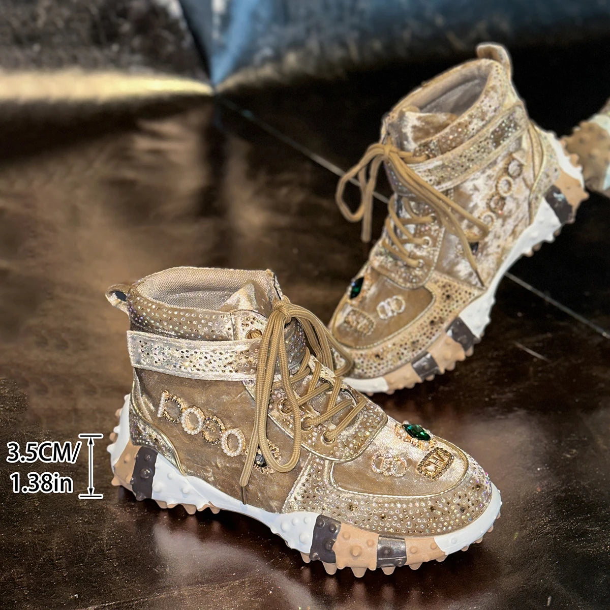 Women Casual Sneakers Luxury Designer Boots Rhinestone Suede High-Top Thick Bottom Shoes Female Tennis Outdoors Walking Shoes
