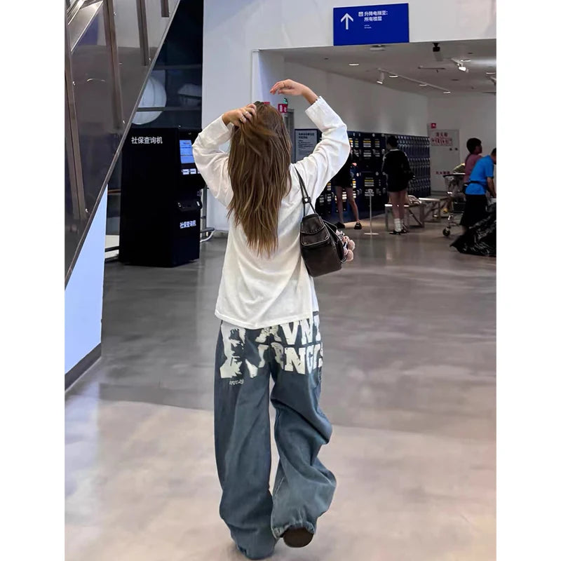 Autumn Women's Blue Y2k Baggy Jeans Harajuku Vintage Printing Denim Trousers Japanese 2000s Style Jeans Pants Oversize Clothes