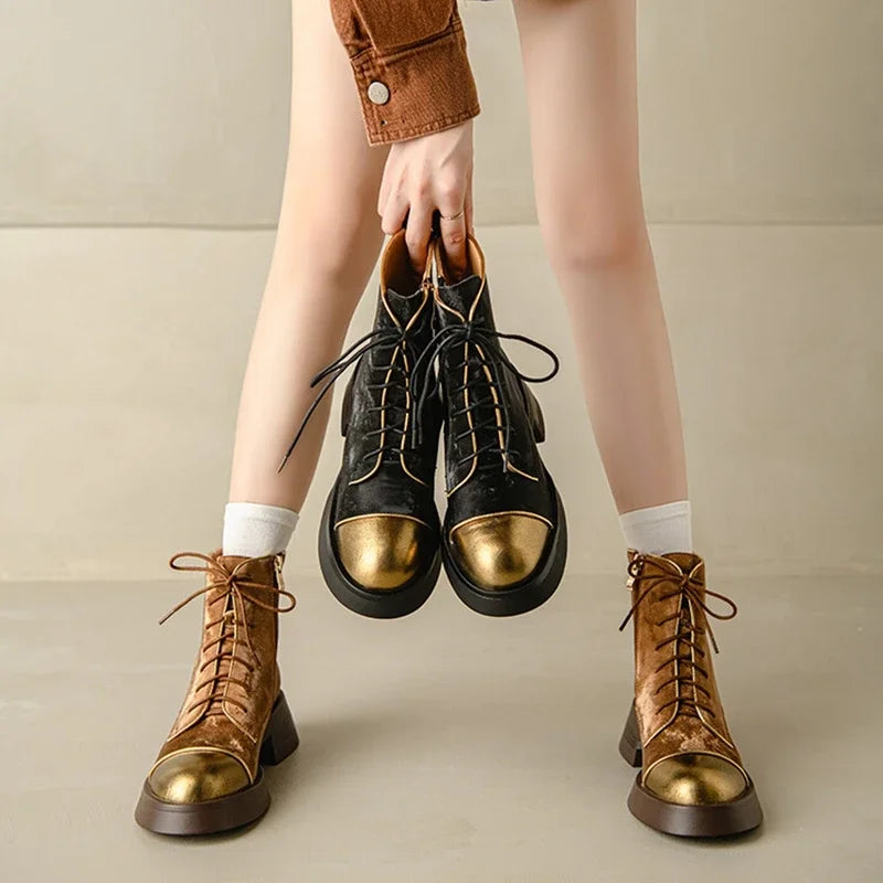 NEW Autumn Women Boots Genuine Leather Shoes for Women Round Toe Chunky Heel Shoes Lace-up Platform Boots Black Ankle Boots