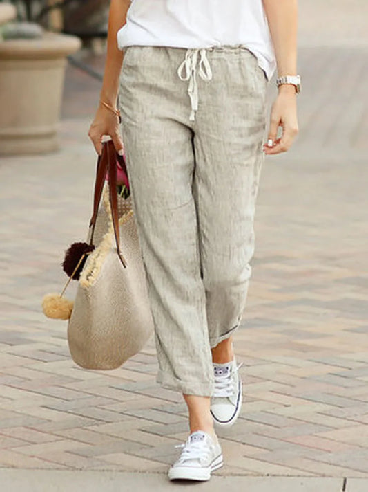 Women Elastic Drawstring Waist Cotton Linen Wide Leg Ankle Pants Summer Female Long Loose Trousers ARJ-K01