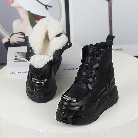 12CM Genuine Leather Winter Autumn Chimney Plush Spring Ankle Booties Fashion ZIP Women Moccasins Platform Wedge Shoes