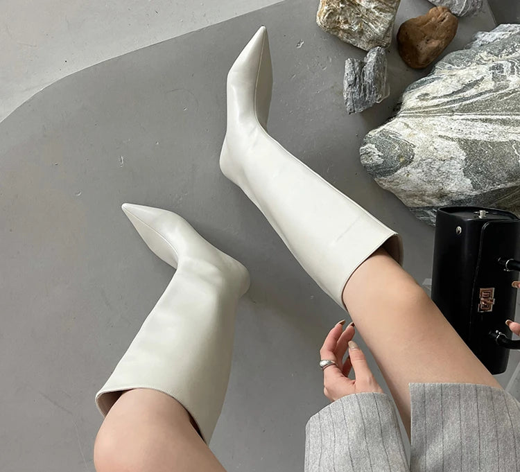 2025 Luxury Knee High Boots Women Wine Red Pointed Toe Kitten Heel Long Boots Wide Tube Bottes Santiags Femme Elegant Shoes