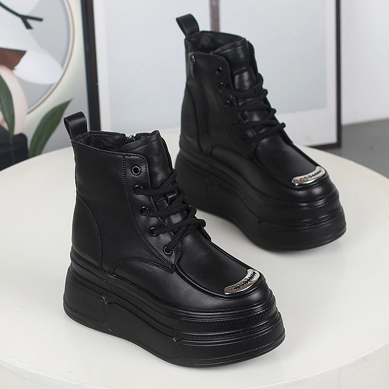 12CM Genuine Leather Winter Autumn Chimney Plush Spring Ankle Booties Fashion ZIP Women Moccasins Platform Wedge Shoes