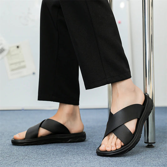 YRZL Men Casual Sandals Lightweight Comfortable PU Leather Summer Slippers Non Slip Outdoor Shoes for Beach Walking Flip Flops
