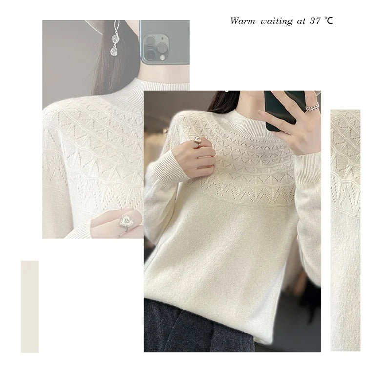 2024 New Line Of Garment Hollowed Out Half Height Women's High-grade Woolen Sweater 100% Pure Wool Multi-color Option WQ