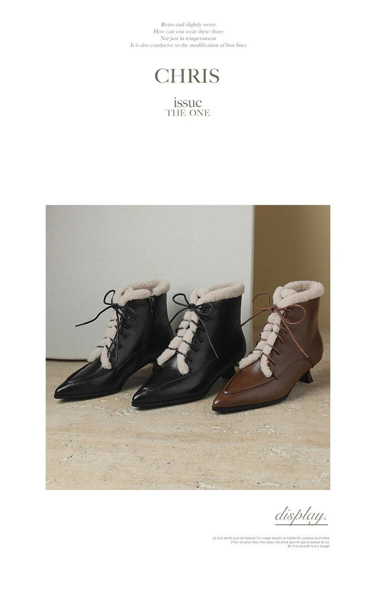 NEW Winter Women Shoes Split Leather Shoes for Women Pointed Toe Kitten Heel Shoes Elegant Modern Boots Wool Blend Ankle Boots