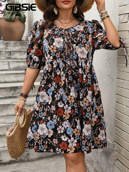 GIBSIE Plus Size Floral Print O-Neck Lace Up Short Dress Women Summer Puff Sleeve Casual Holiday Boho Loose Dresses 2025 Summer