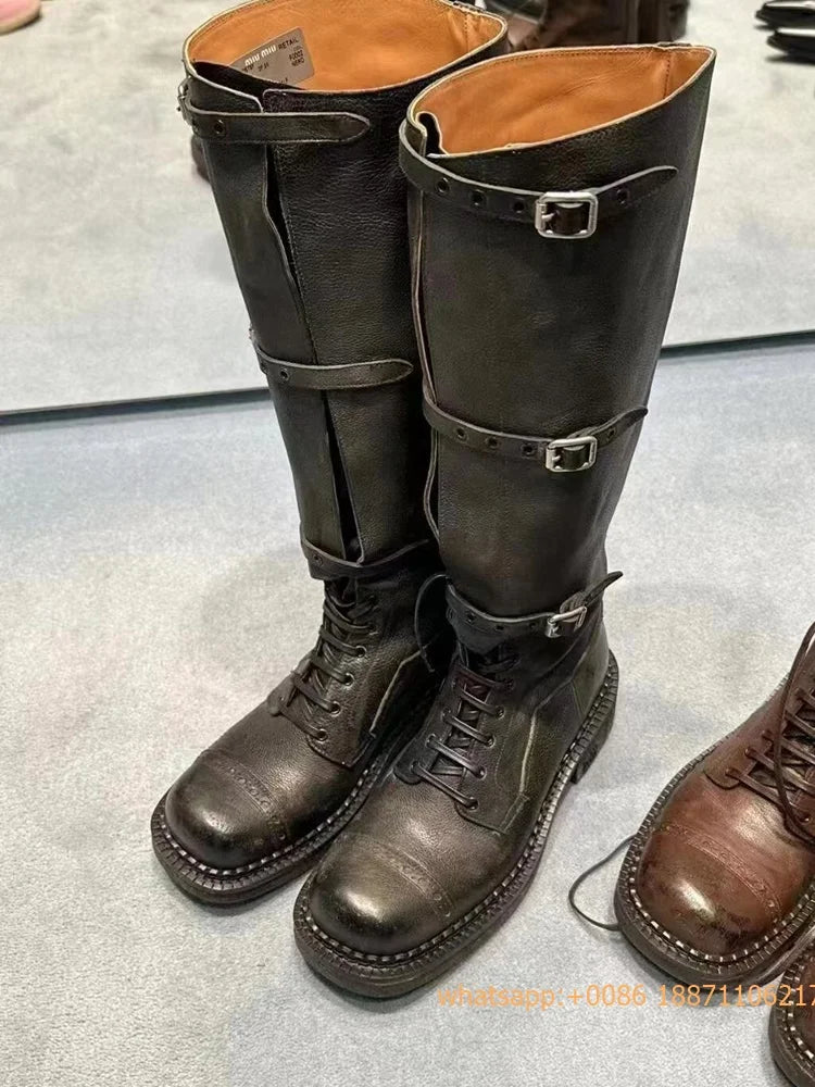 Genuine Leather Ladies Knight Boots 2025 Autumn Belt Buckle Model Catwalk Casual Long Boots Black/brown Thick Heel Casual Boots