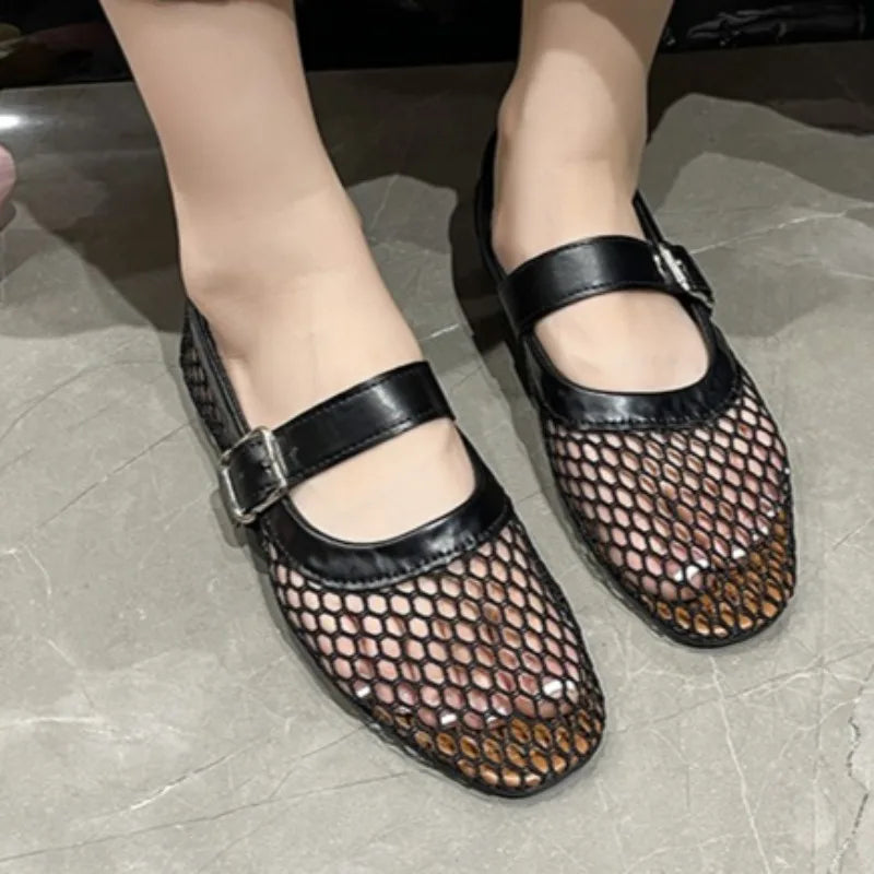 Fishnet Ballet Flats Women Fashion Brand Design Hollow Loafers Mary Jane Shoes Breathable Women Summer Sandals Sandalias Mujer