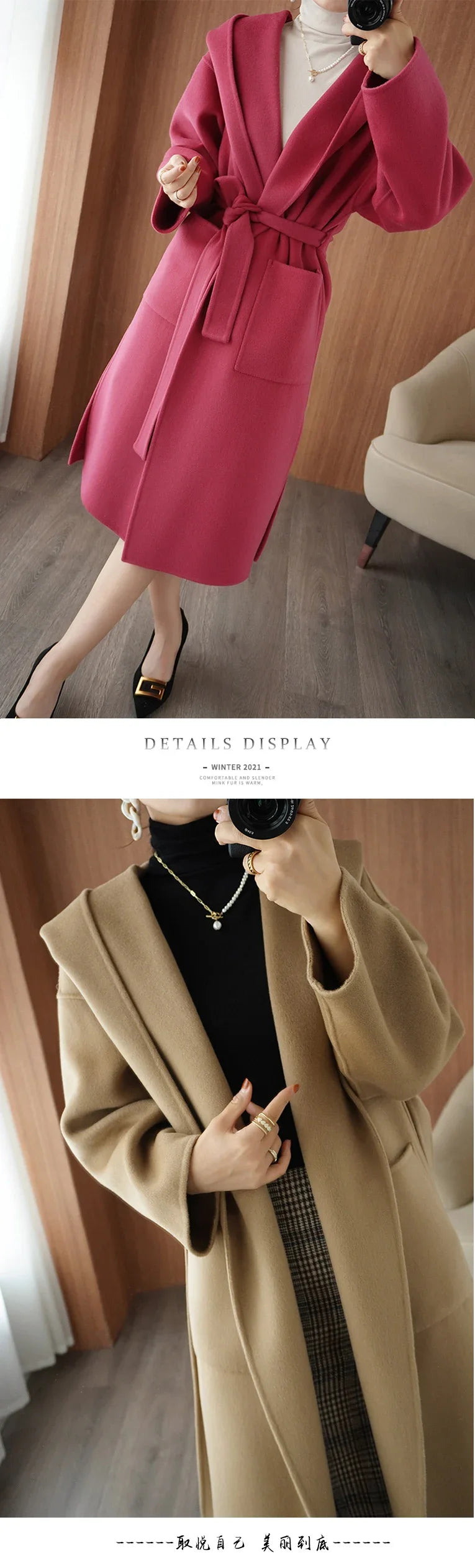 2024 Mid-Length Autumn and Winter Hooded Double Sided Cotton Cashmere Coat Female 100% Wool Loose Thick Woolen Coat