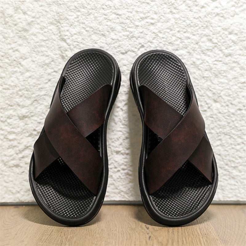 YRZL Men Casual Sandals Lightweight Comfortable PU Leather Summer Slippers Non Slip Outdoor Shoes for Beach Walking Flip Flops