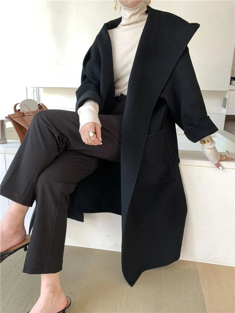 2024 Mid-Length Autumn and Winter Hooded Double Sided Cotton Cashmere Coat Female 100% Wool Loose Thick Woolen Coat