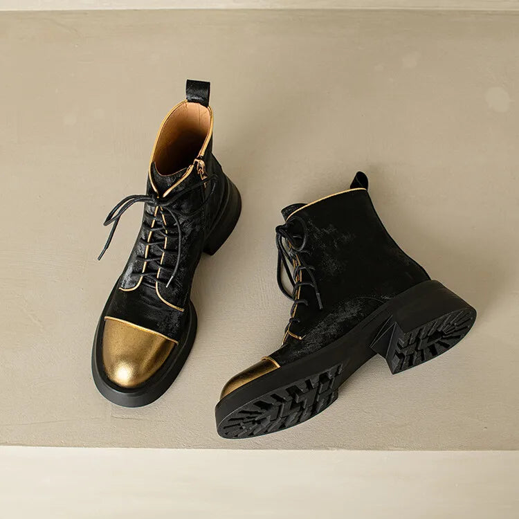 NEW Autumn Women Boots Genuine Leather Shoes for Women Round Toe Chunky Heel Shoes Lace-up Platform Boots Black Ankle Boots
