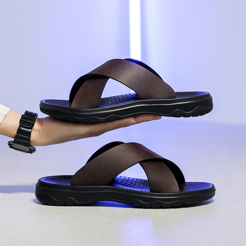 YRZL Men Casual Sandals Lightweight Comfortable PU Leather Summer Slippers Non Slip Outdoor Shoes for Beach Walking Flip Flops