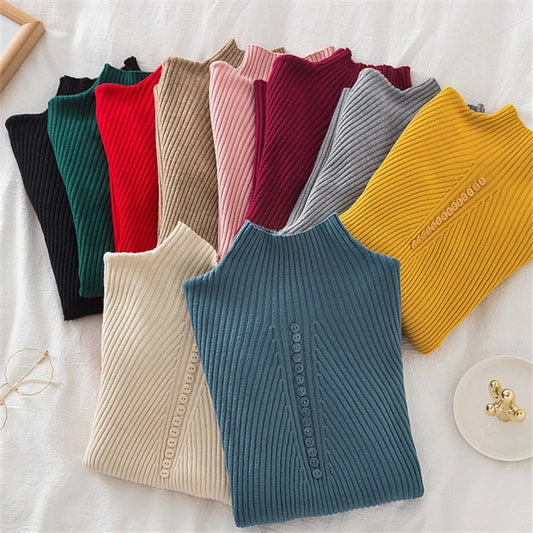 Women Turtleneck Pullovers Autumn Winter Jumper Knitted Basic Top Fashion Solid Color with Button Long Sleeve Ladies Sweater