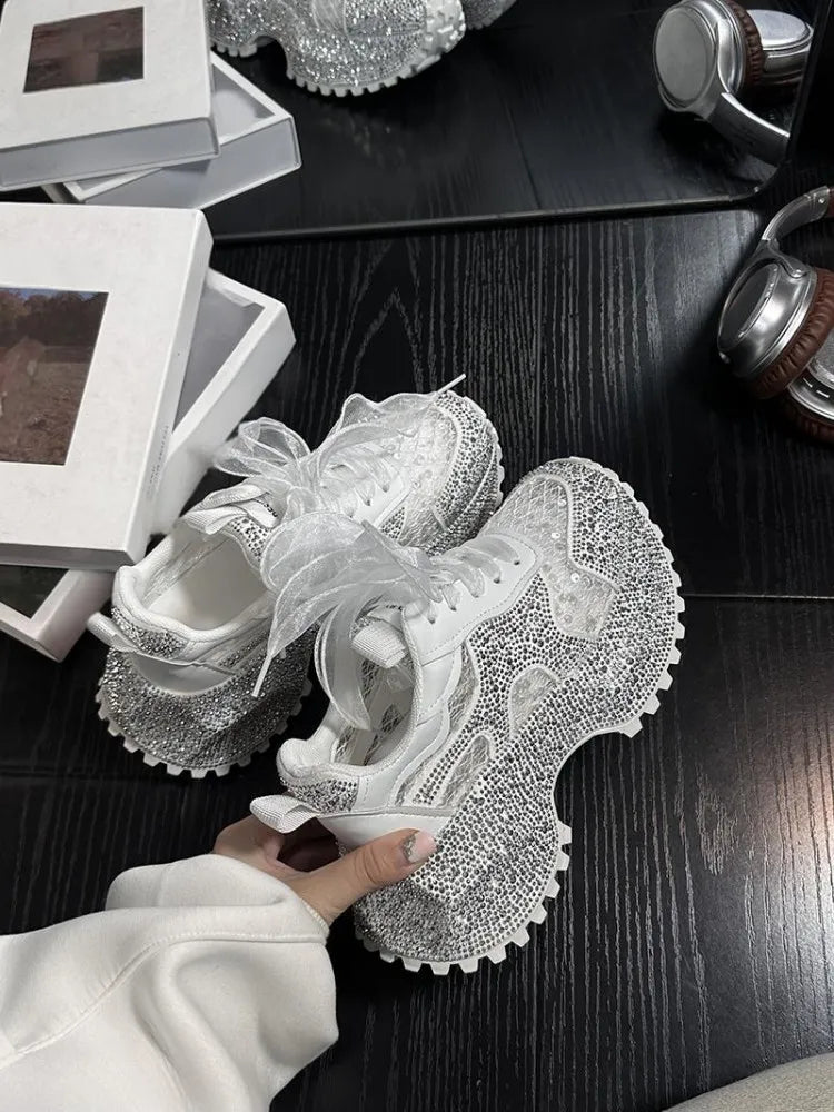 Leisure Sneakers Lace Up Breathable Platform Women Pumps High Heel Round Toe Solid Color Daily Diamonds Bowknot Comfortable