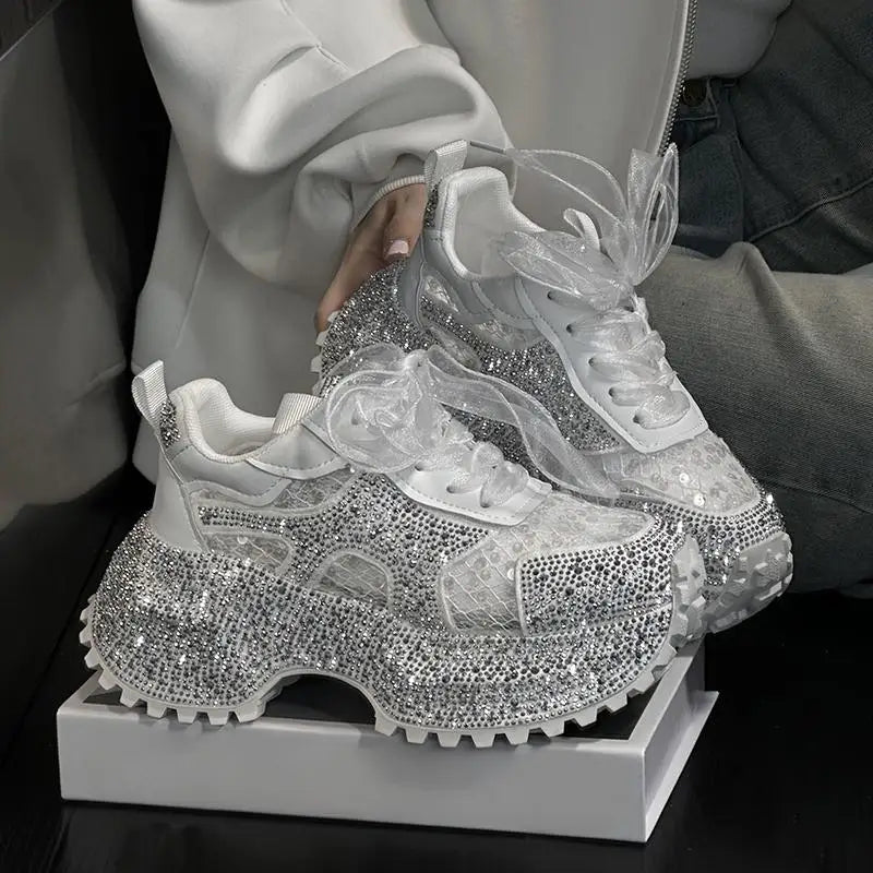 Leisure Sneakers Lace Up Breathable Platform Women Pumps High Heel Round Toe Solid Color Daily Diamonds Bowknot Comfortable