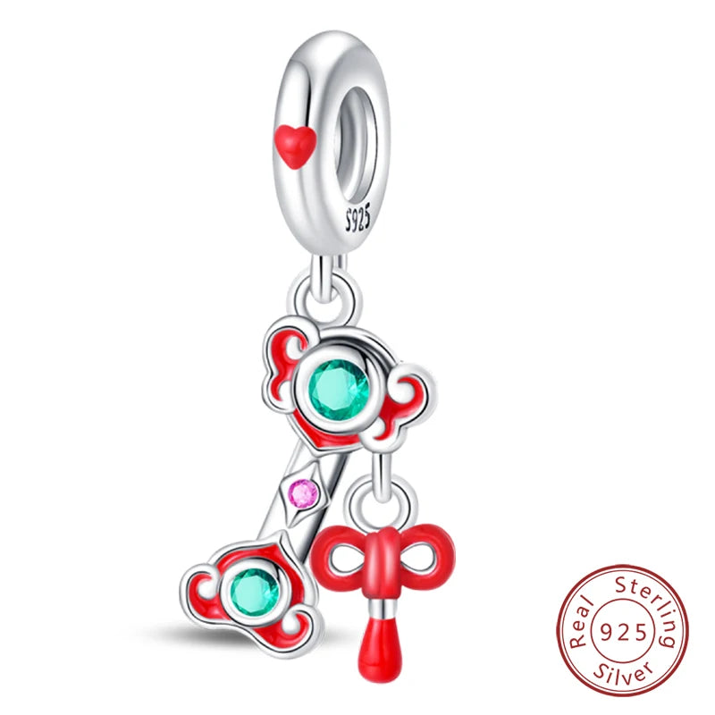 Original 925 Sterling Silver Red Charm Beads Red Wine Chili Dumbbell Pendant For Women Fit DIY Bracelet Birthday Jewelry Gift