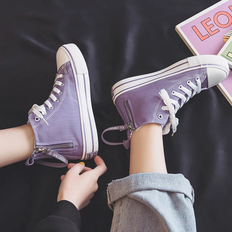 Fashion Purple Womens Canvas Shoes Spring and Autumn High Top Woman Shoes Zipper Breathable Canvas Sneakers Women Vulcanize Shoe