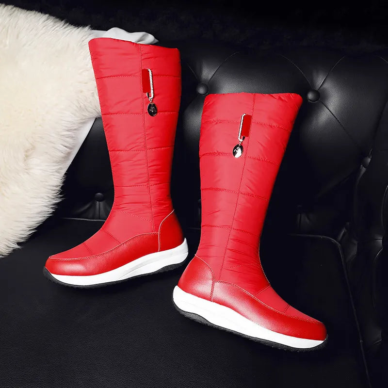 2025  Women Snow Boots Waterproof Down Plush Genuine Leather Red White Casual Travel Ladies Flat Heels Platform Knee High Boots