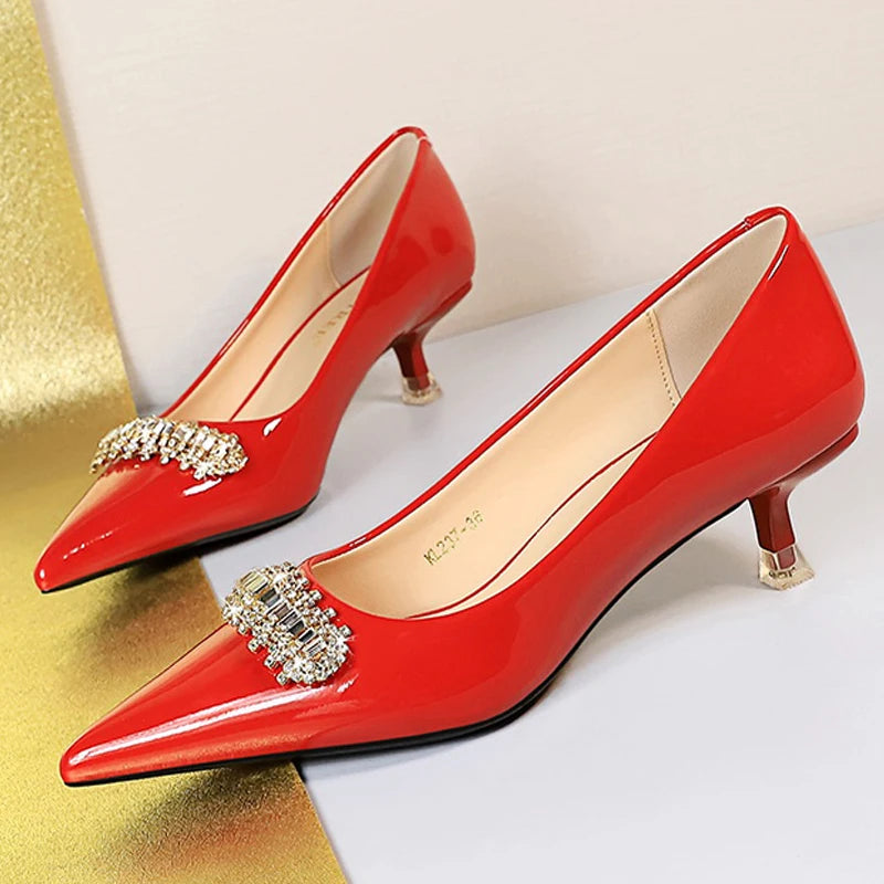 BIGTREE Shoes 4.5 cm Rhinestone metal decoration Kitten high heels patent leather Women Pumps stilettos Lady Shoes Plus Size 43