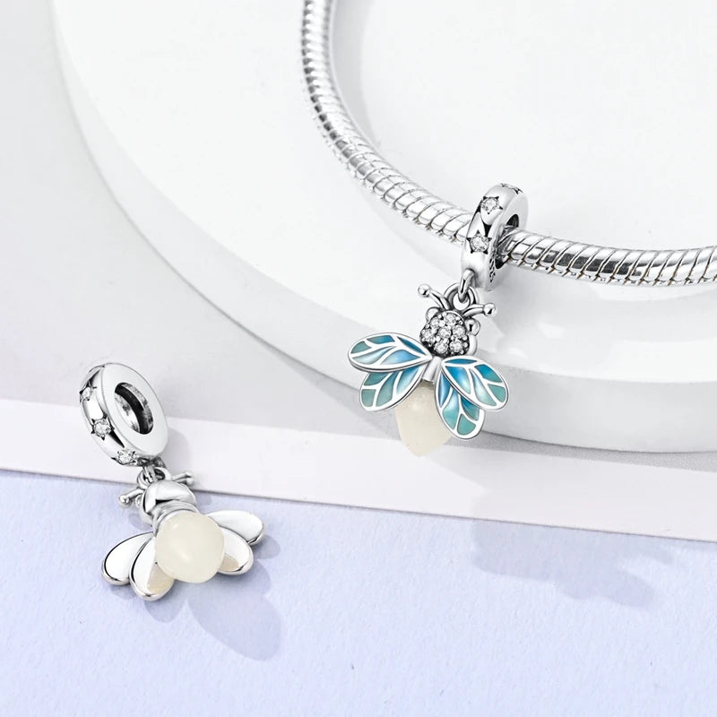 Hot Sale 925 Sterling Silver Charm Beads Glowing Luminous Firefly Star Light Bulb Pendant for Bracelet DIY Charms Jewelry