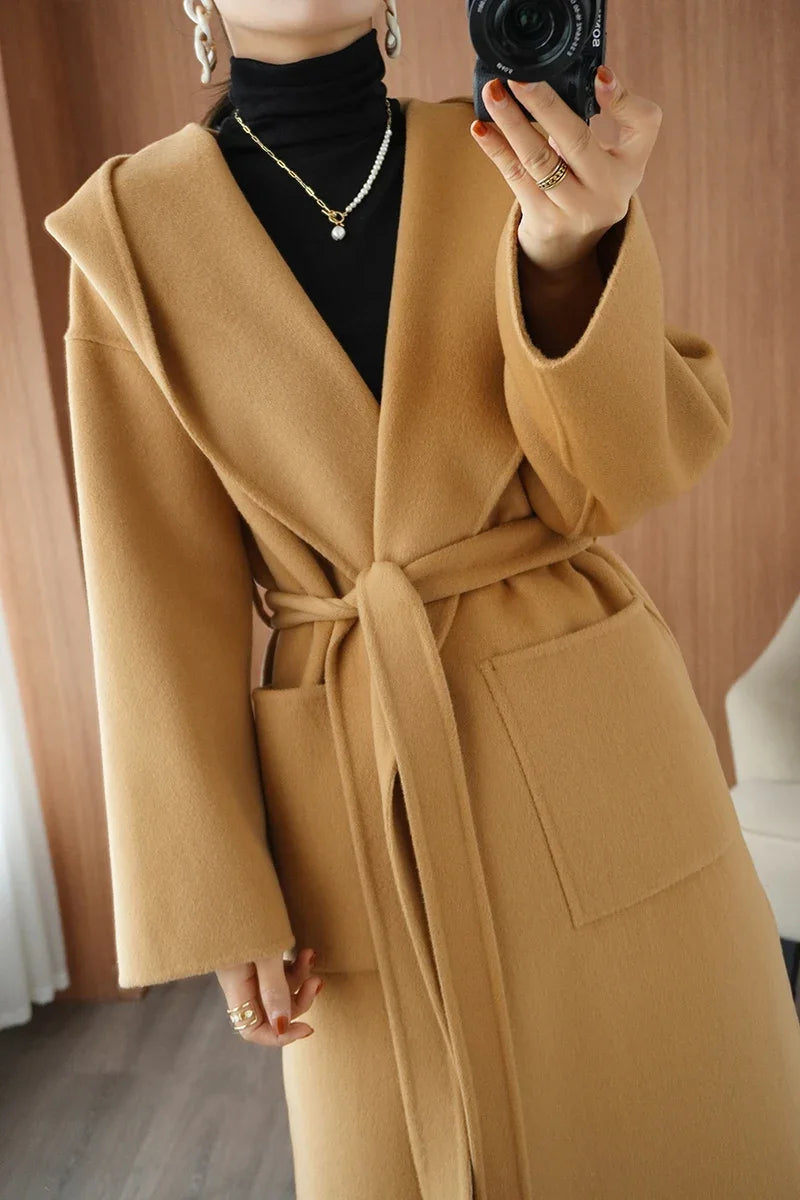 2024 Mid-Length Autumn and Winter Hooded Double Sided Cotton Cashmere Coat Female 100% Wool Loose Thick Woolen Coat