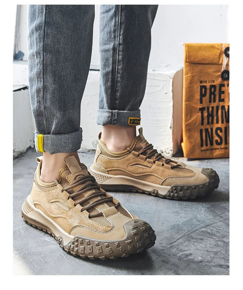 Outdoor Men Hiking Shoes Anti-slip Platform Men Sneakers Retro Leather Jogging Shoes Fashion Wear-resistant Trekking Shoes Male