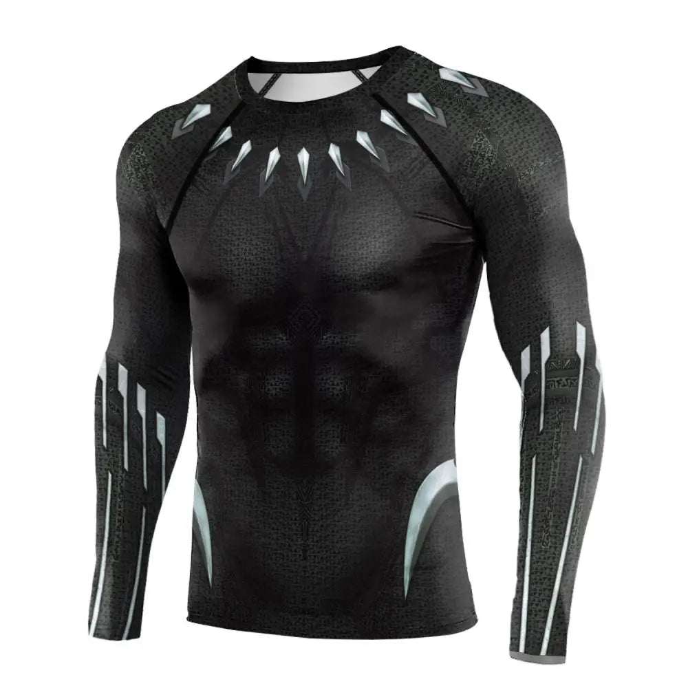 Halloween Superhero Cosplay T-Shirt for Men Panther Printed Long Sleeve Compression Shirt Breathable Male Outdoor Sportwear