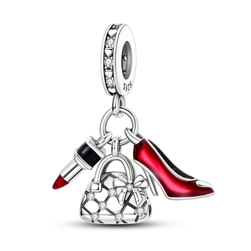 Original 925 Sterling Silver Red Charm Beads Red Wine Chili Dumbbell Pendant For Women Fit DIY Bracelet Birthday Jewelry Gift