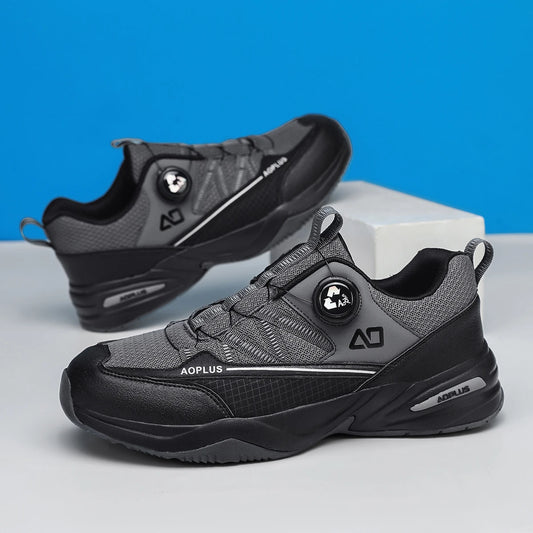 Men's Outdoor Hiking Shoes, New Leather and Mesh Combination with Rotating Buckle Design, Comfortable, Breathable, Versatile Casual Shoes, Men's Low-Top Lace-Up Thick-Soled Non-Slip Wear-Resistant Outdoor Trekking Shoes, Men'
