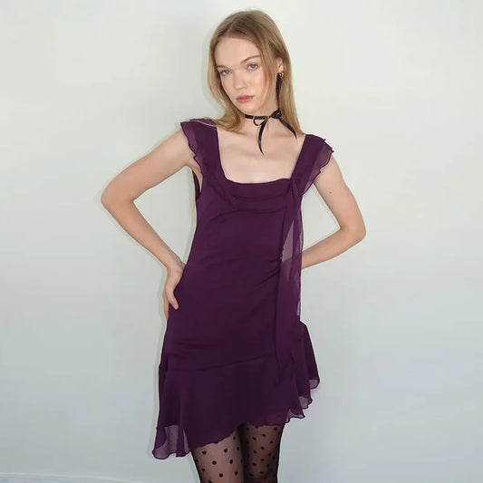 European and American style women's spring new fashion sexy French temperament sleeveless square collar ruffled chiffon dress