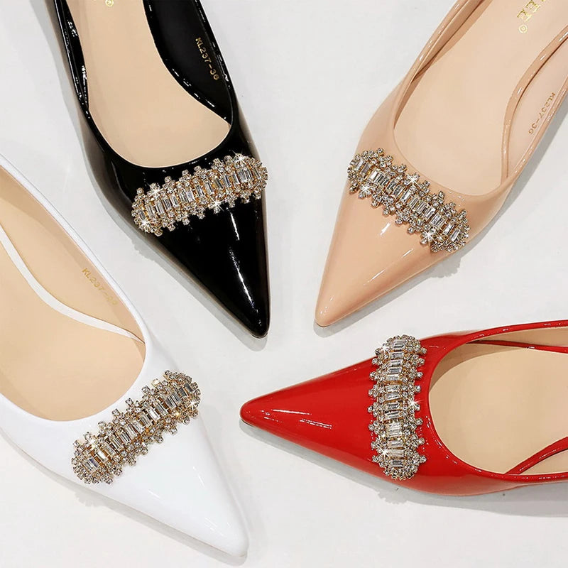 BIGTREE Shoes 4.5 cm Rhinestone metal decoration Kitten high heels patent leather Women Pumps stilettos Lady Shoes Plus Size 43