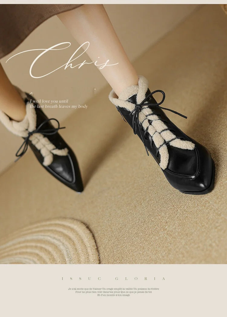 NEW Winter Women Shoes Split Leather Shoes for Women Pointed Toe Kitten Heel Shoes Elegant Modern Boots Wool Blend Ankle Boots