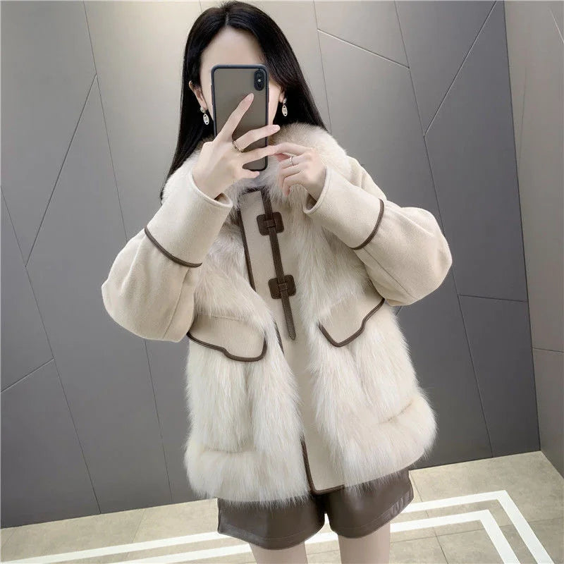 2023 New Autumn Winter with Fur Neighboring Fox Fur Grass Women's Coat Fashion Popular Down Cotton Coat Parker Coat Suede Trend