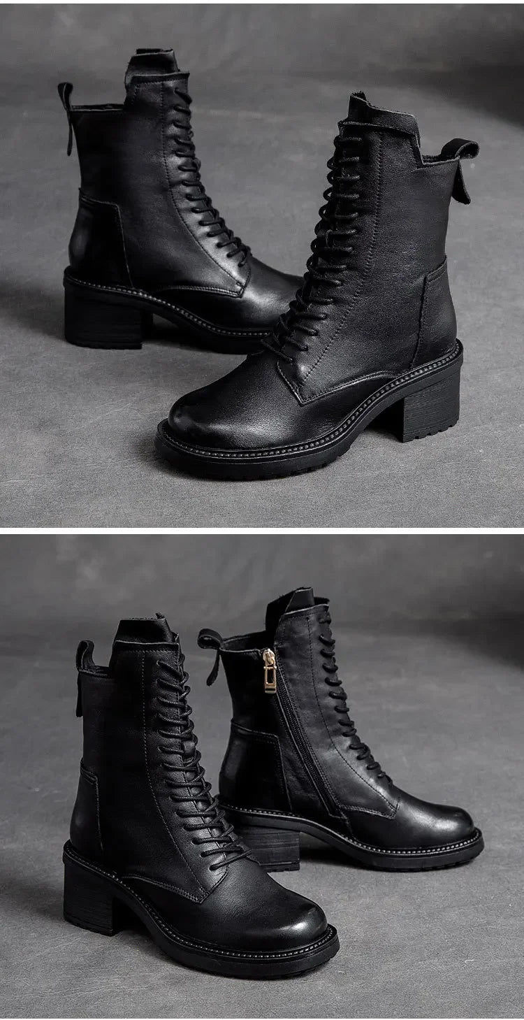 Careaymade 2025 Cow Leather Quality Women Shoes Autumn Winter Square Med Heel Ankle Boots Lace Up Zipper Ladies Pumps Size 35-40