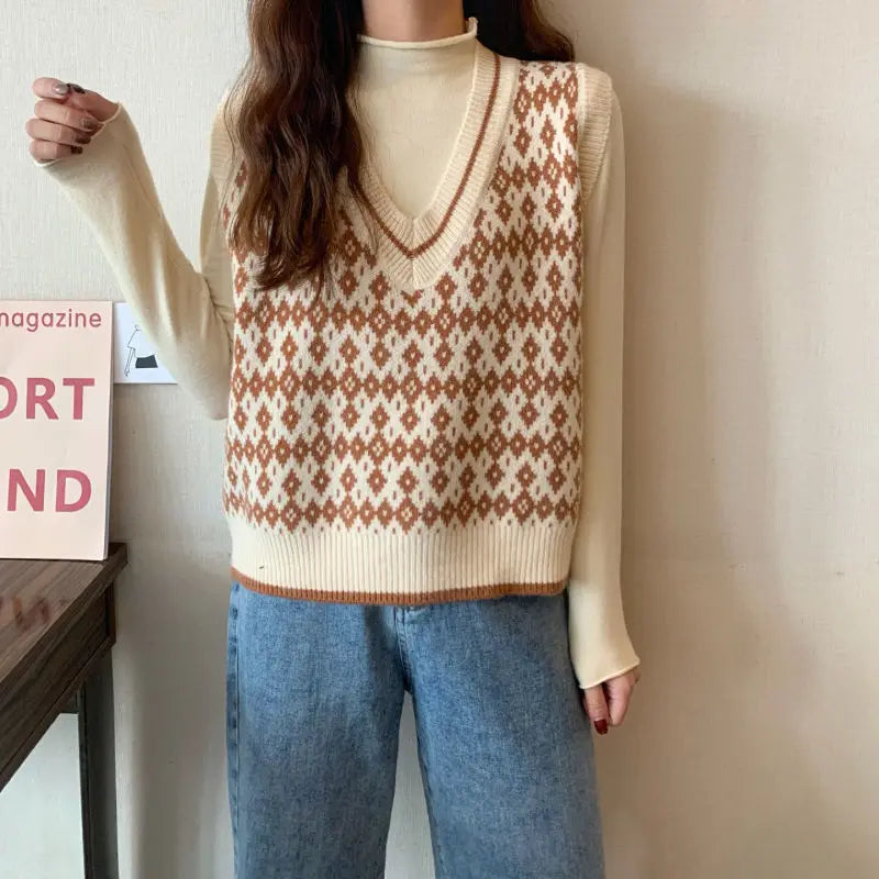 Women Sweater Vest Spring Autumn Fashion Female Casual Loose V-neck Knitted Waistcoat Sleeveless Sweater Pullover Tops Knit Vest