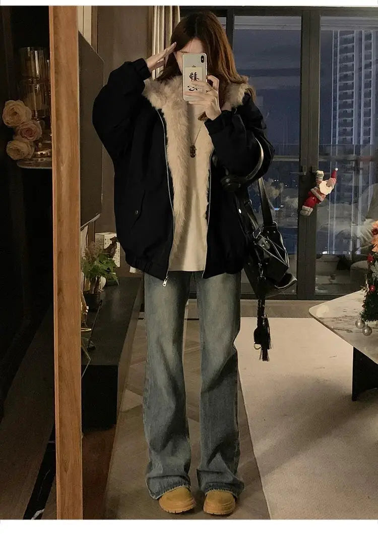 Double-Sided Warm Fur Coat Women Autumn Winter Loose Thicken Plush Cotton Coat 2025 New Women Hooded Imitation Mink Fur Outwear