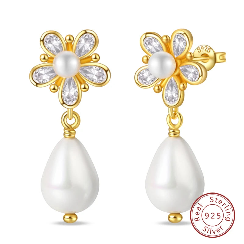 New in 925 Silver Color Gold Pearl Bee Irregularity Star Moon Earrings For Women 2024 Trending Fashion Jewelry Birthday Gifts
