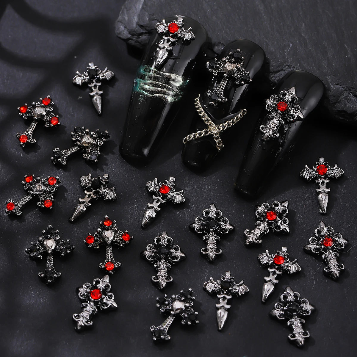 10pcs/pack Punk style three-dimensional cross personalized nail art alloy decoration, Halloween dark style cross DIY decoration