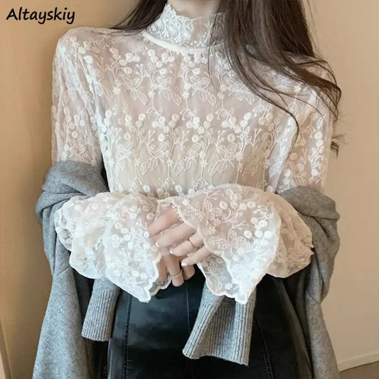 Lace Long Sleeve Shirts Women Plus-velvet Slim Basic Mock Neck Hollow Embroidery Autumn Winter Tops Gentle Elegant Chic Female