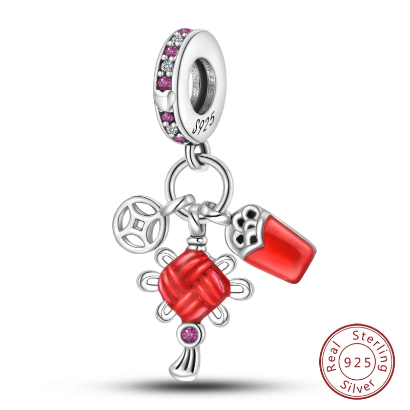 Original 925 Sterling Silver Red Charm Beads Red Wine Chili Dumbbell Pendant For Women Fit DIY Bracelet Birthday Jewelry Gift